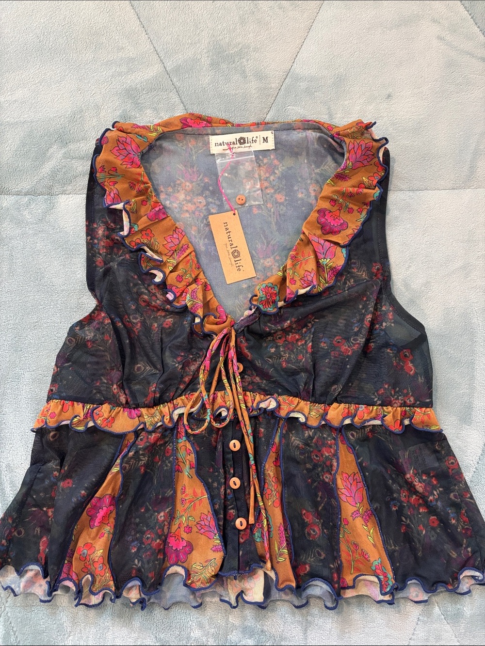 NATURAL LIFE Black Sheer Floral Ruffle Peplum Top with Mustard Trim
